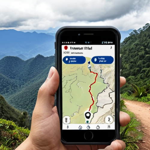 **A hiker in Doi Inthanon National Park using a Gaia GPS app on their smartphone to navigate a mountain trail. Focus on the map display and the beautiful mountain scenery in the background.**