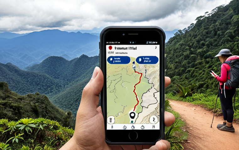 **A hiker in Doi Inthanon National Park using a Gaia GPS app on their smartphone to navigate a mountain trail. Focus on the map display and the beautiful mountain scenery in the background.**