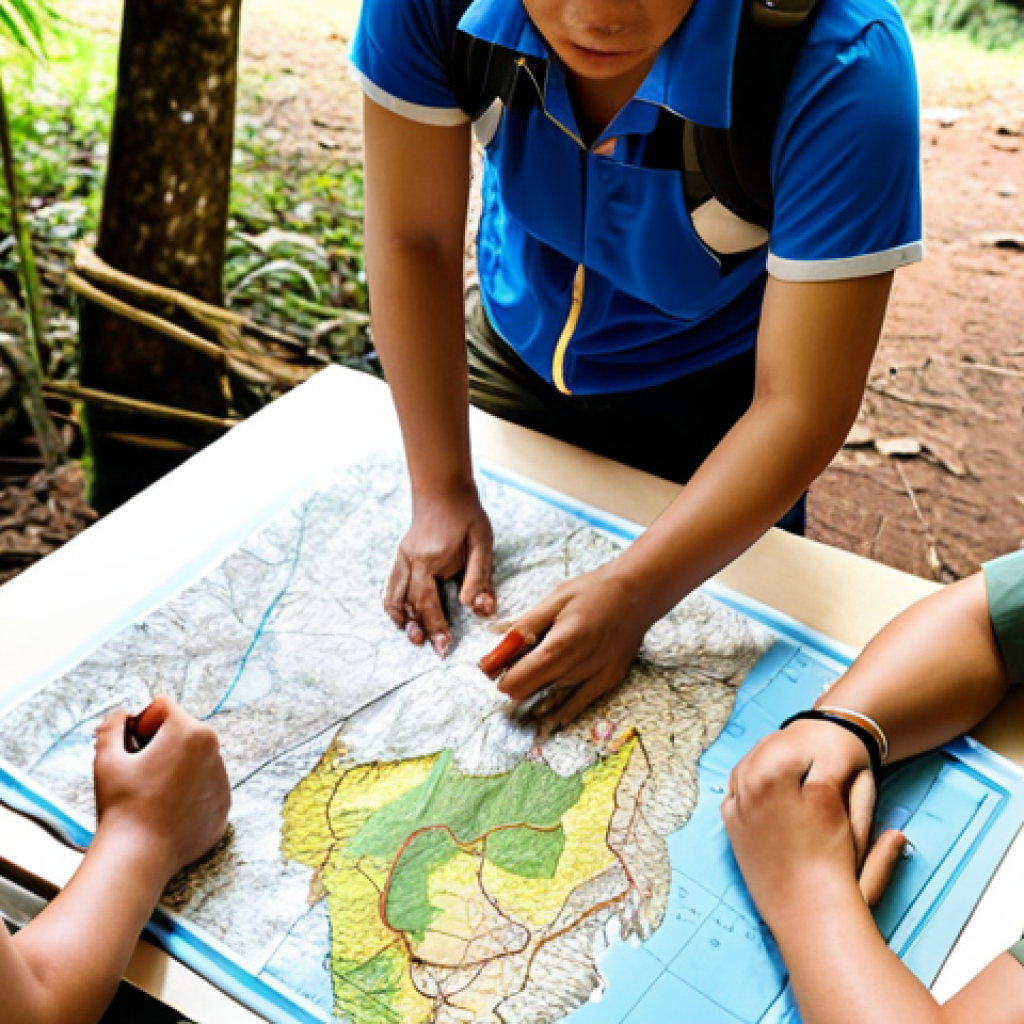 **

A group of diverse hikers collaboratively planning a hiking route around a table spread with maps, guidebooks, and snacks. Focus on the expressions of engagement, thoughtful discussion, and shared decision-making. Emphasize the collaborative atmosphere and the importance of everyone's input. Include elements of Thai hiking culture (e.g., traditional snacks, maps of popular Thai trails if known).

**