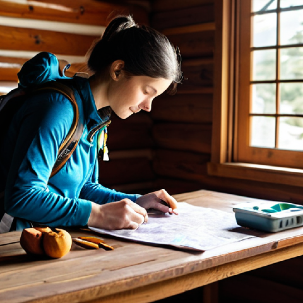 Preparing for a Trek**
"A fully clothed female traveler, wearing a modest hiking outfit and backpack, carefully packing essential items like dried fruit, a water bottle, and a first-aid kit into her backpack. She's checking a traditional map and compass laid out on a wooden table. Sunlight streams through the window of a cozy wooden cabin. safe for work, appropriate content, professional composition, perfect anatomy, natural proportions, well-formed hands, family-friendly."
**