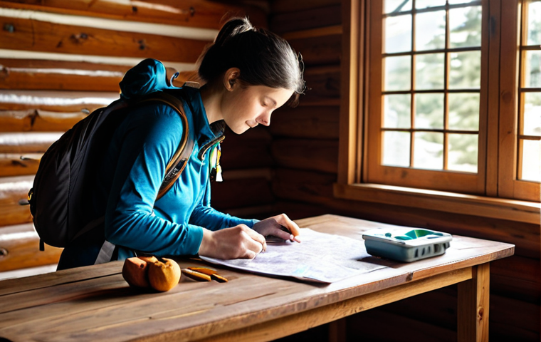 Preparing for a Trek**
"A fully clothed female traveler, wearing a modest hiking outfit and backpack, carefully packing essential items like dried fruit, a water bottle, and a first-aid kit into her backpack. She's checking a traditional map and compass laid out on a wooden table. Sunlight streams through the window of a cozy wooden cabin. safe for work, appropriate content, professional composition, perfect anatomy, natural proportions, well-formed hands, family-friendly."
**
