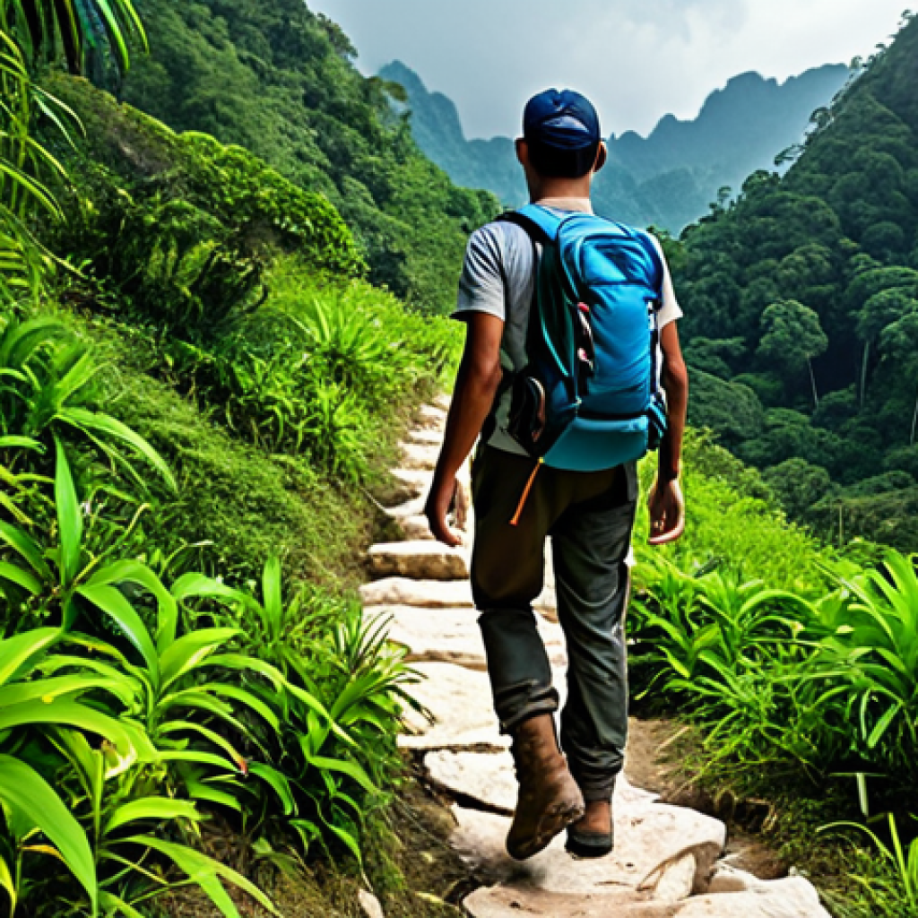 **
A determined hiker, fully clothed in appropriate hiking gear (backpack, hiking boots, moisture-wicking apparel), ascends a steep, rocky mountain trail in Thailand. Lush green jungle flanks the path. Perfect anatomy, correct proportions, natural pose, well-formed hands, proper finger count, realistic rendering, safe for work, appropriate content, fully clothed, professional, family-friendly.
**