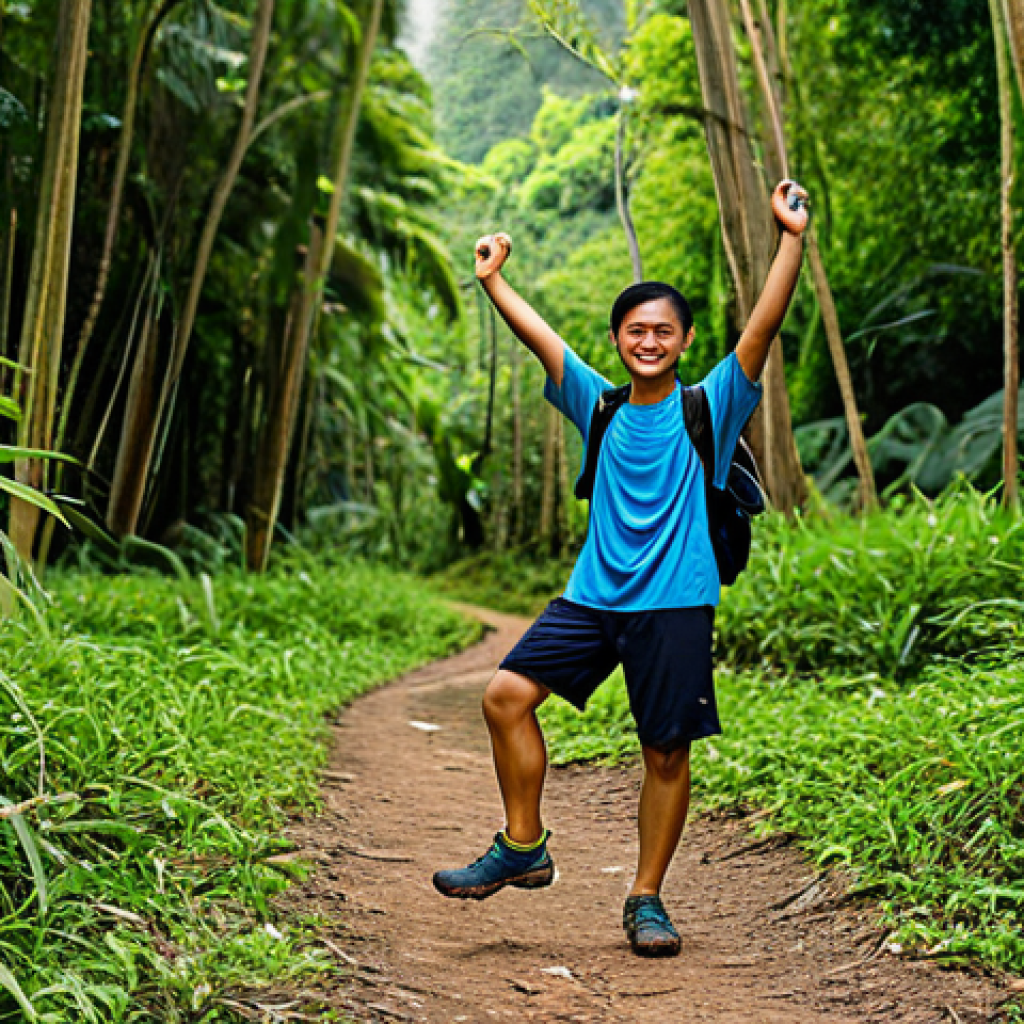 하이킹 중 발생할 수 있는 위험 요소와 대처법 - Physical and Mental Preparation**
"A Thai hiker, fully clothed in appropriate hiking attire, stretc...