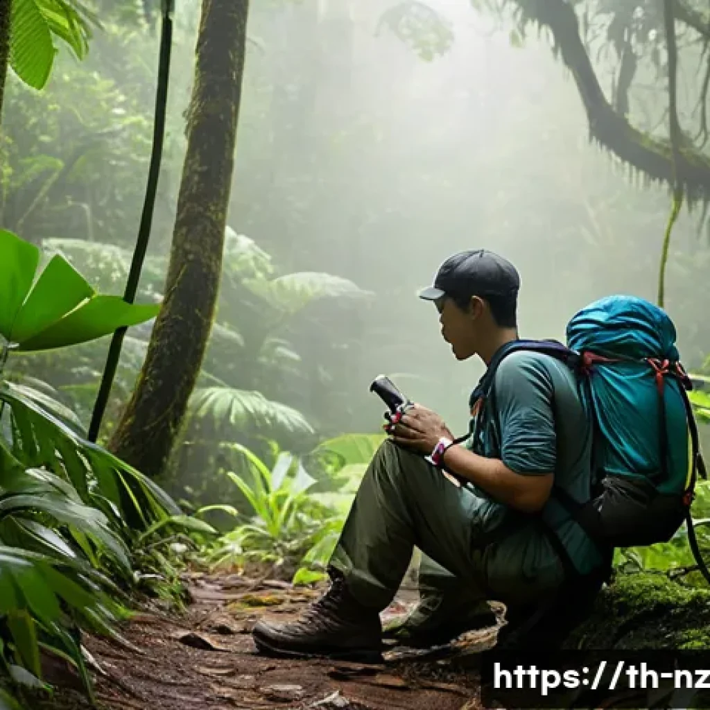 하이킹 경험담 초보자들이 겪은 문제와 해결책 - A detailed scene of a novice hiker preparing for a forest trek in a lush Thai national park during t...