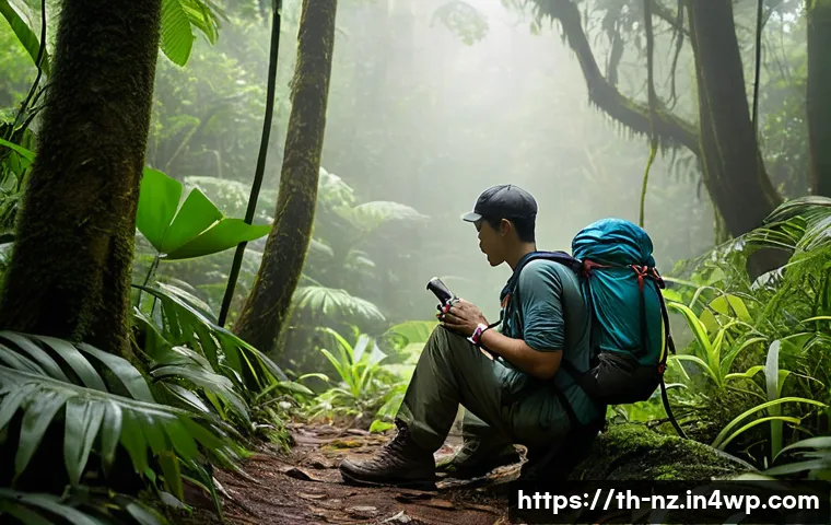 하이킹 경험담 초보자들이 겪은 문제와 해결책 - A detailed scene of a novice hiker preparing for a forest trek in a lush Thai national park during t...