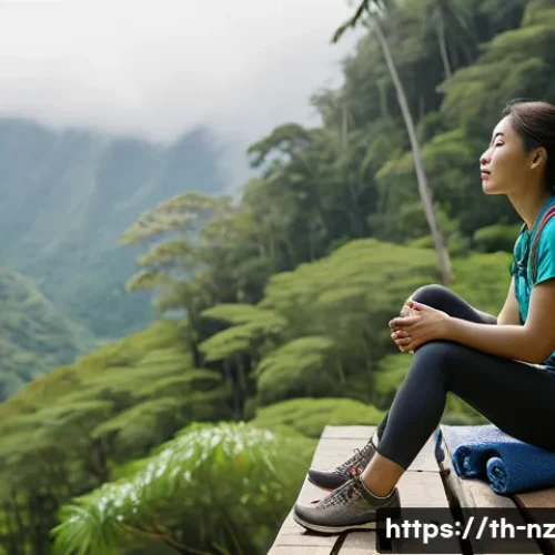 Home 33 하이킹 후 회복을 위한 스트레칭 방법 - A serene outdoor scene showing a Thai hiker sitting on a wooden platform in a lush green forest, str...