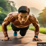 Home 19 하이킹을 위한 기초 체력 훈련 루틴 - A fit adult man wearing breathable athletic wear and climbing shoes, performing bodyweight exercises...