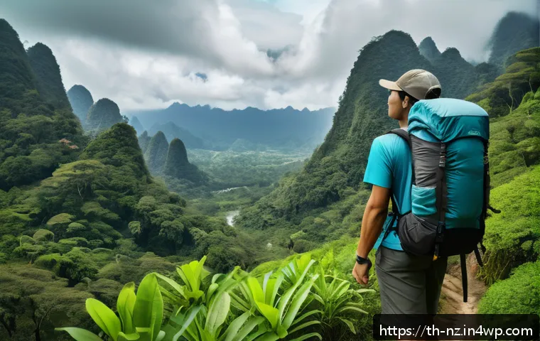 장거리 하이킹 중 필요한 기본 장비 리스트 - A detailed outdoor hiking scene featuring a Thai male hiker wearing a well-fitted 50-70 liter waterp...