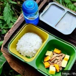 Home 23 장거리 하이킹 시 필요한 음식과 수분 보충 가이드 - A detailed close-up scene of a well-organized backpacker’s meal setup on a rustic wooden table in a ...