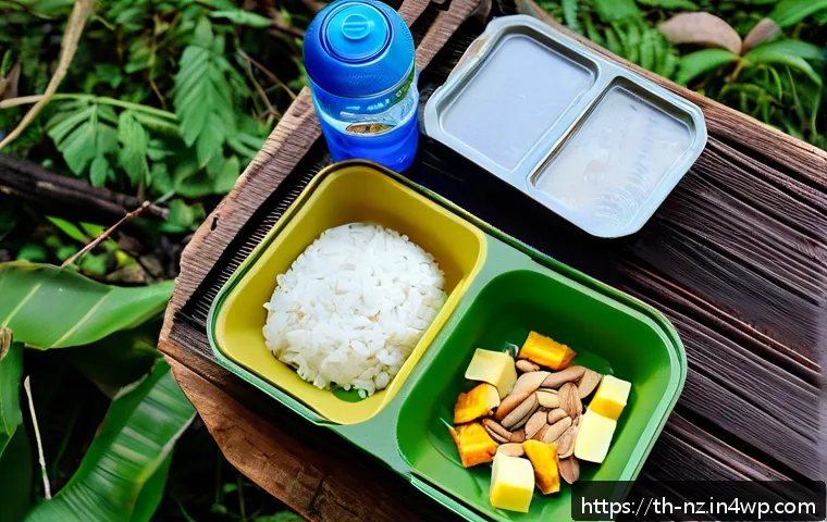 장거리 하이킹 시 필요한 음식과 수분 보충 가이드 - A detailed close-up scene of a well-organized backpacker&rsquo;s meal setup on a rustic wooden table in a ...