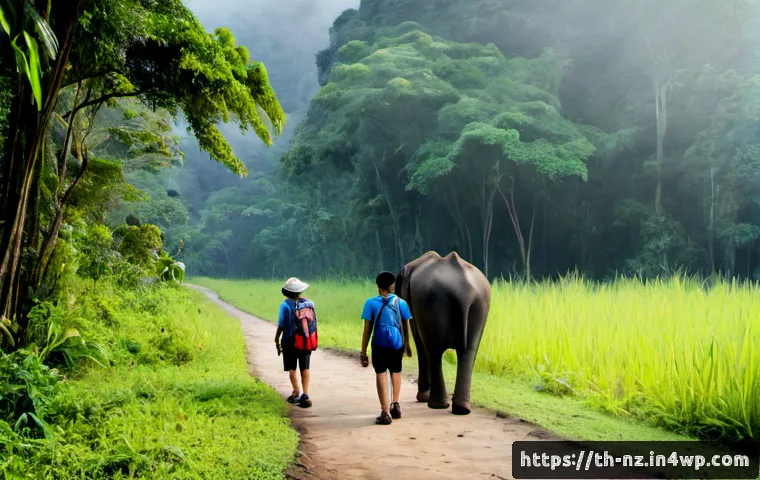 Home 17 하이킹 중 만나는 야생 동물 대처법 - Photorealistic Thai national park hiking trail at early morning, two adult hikers in modest outdoor ...