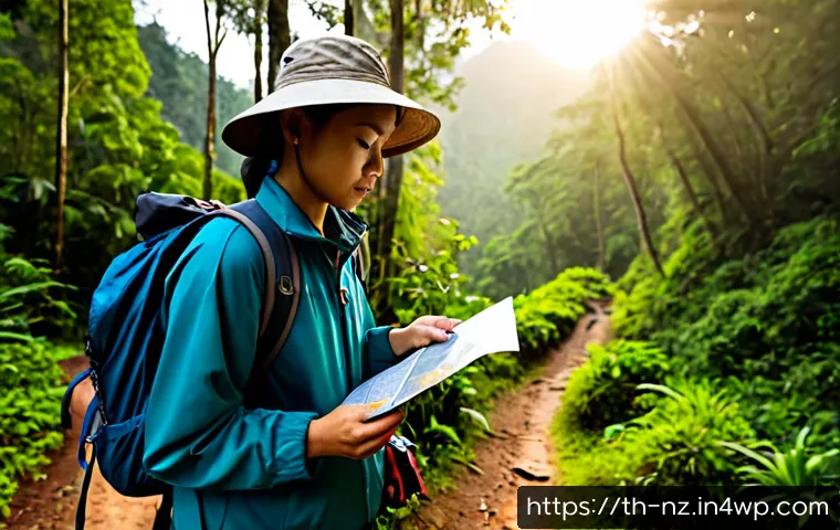 Home 17 하이킹을 위한 안전 수칙 및 규칙 - Photorealistic early-morning hiking safety scene in a lush northern Thailand mountain forest, a Thai...
