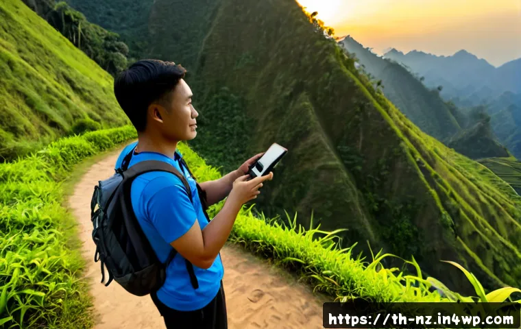 Home 29 하이킹을 위한 블로그 및 유튜브 추천 - Photorealistic Thai hiking content creator reviewing a scenic mountain trail on a smartphone mounted...