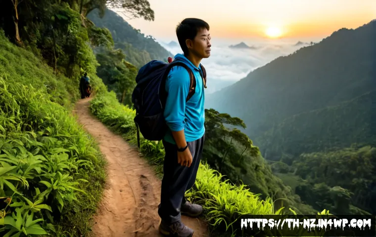 Home 17 하이킹을 위한 아이디어와 마인드셋 - Photorealistic sunrise hiking scene in northern Thailand, a Thai adult hiker in modest breathable ou...